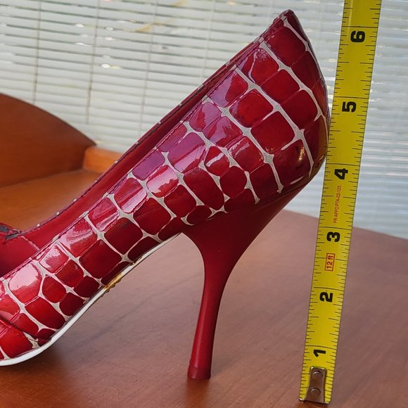 Enzo Open Toe Red Patent Leather Stiletto Heels - Picture 2 of 10